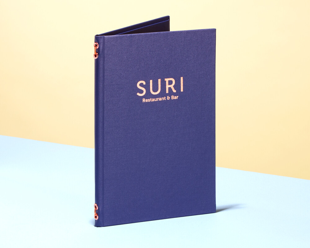 Suri Luxury Bespoke Creative Menu Cover Elastic Cord Book Cloth Copper Foil Block Custom