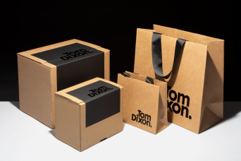 Progress Packaging Tom Dixon Environmentally Friendly Luxury Bespoke Retail Pcw Recyclable Kraft Bag Corrugate Box Black Foil Collection
