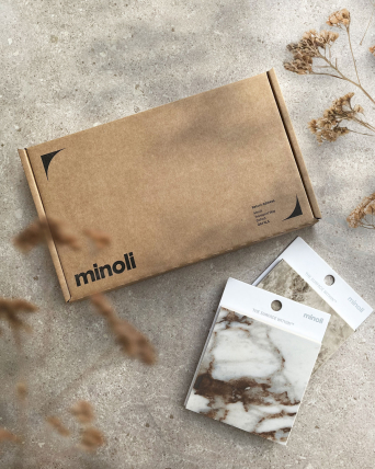 Eco-friendly sample packaging, brown e-flute cardboard, flexo-print, custom insert, hinged lid cardboard box.