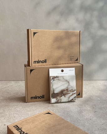Eco-friendly sample packaging, brown e-flute cardboard, flexo-print, custom insert, hinged lid cardboard box.