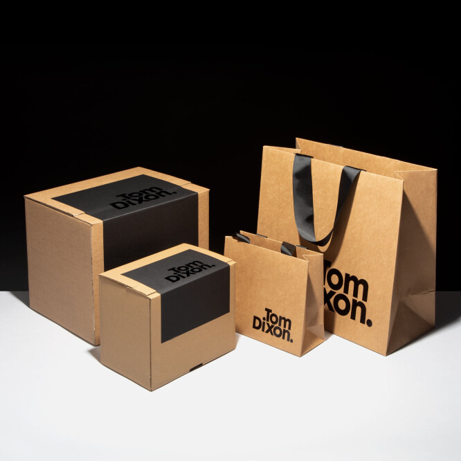 Progress Packaging Tom Dixon Environmentally Friendly Luxury Bespoke Retail Pcw Recyclable Kraft Bag Corrugate Box Black Foil Collection
