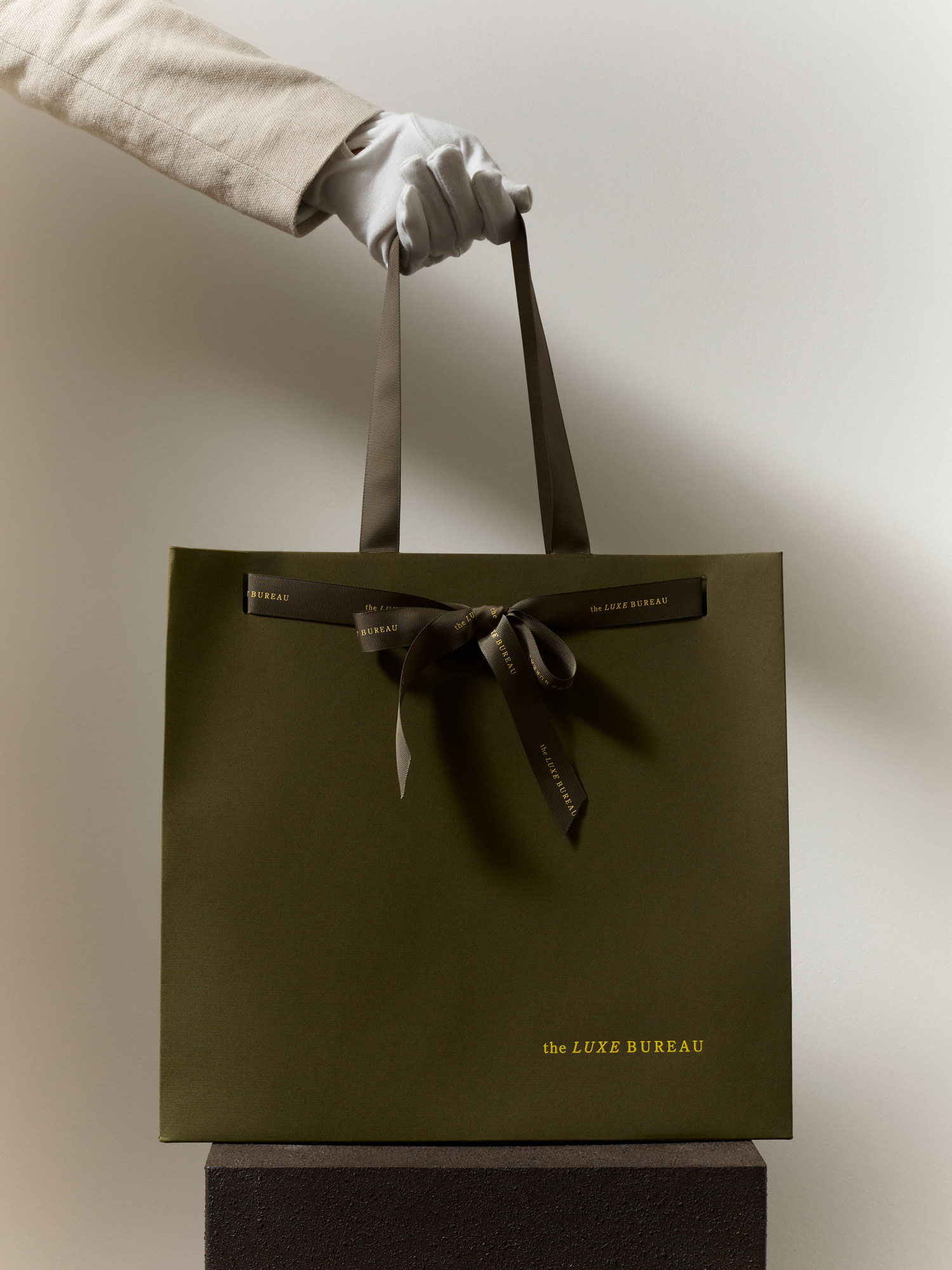 Luxury retail carrier bags, Progress Packaging, The Luxe Bureau, bespoke bubble print ribbon handle, sustainable materials, bespoke finishes, gold foil branding
