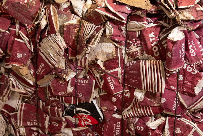 Recycled coffee cups used for custom paper making for luxury packaging, Progress Packaging for Abel Fragrance